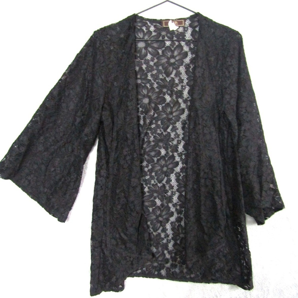 L&B Lucky & Blessed Womens Black Floral Lace Open Front Kimono Cardigan